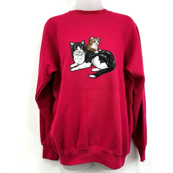 VTG‎ Hanes Her Way Sweatshirt Women's L Hot Pink Crazy Cat Lady 90s Made In USA - Picture 1 of 10